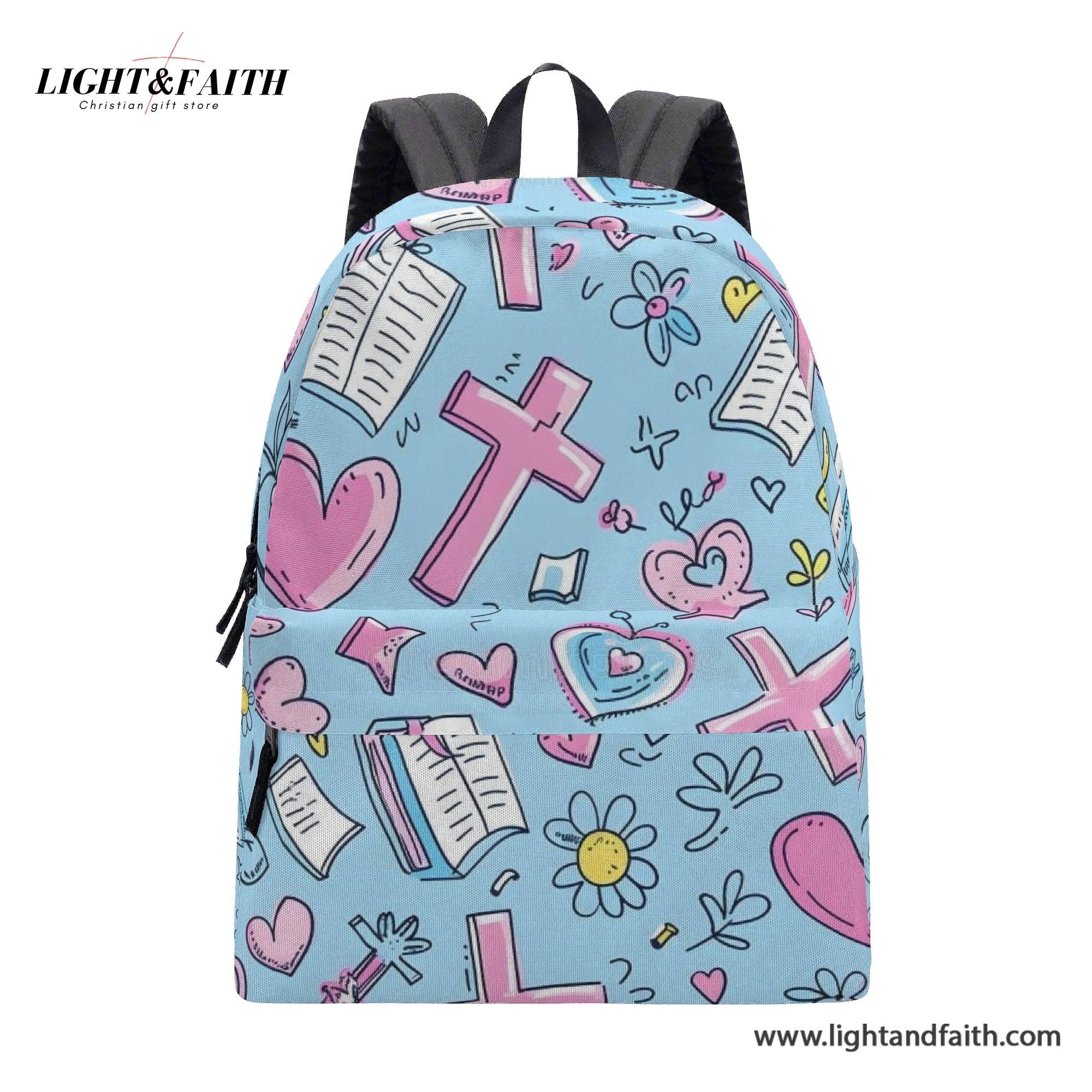 Christian Backpack For Girls, Faith Backpack With Crosses And Hearts, Religious School Bag For Women, Pastel Blue Inspirational Backpack PLAF58